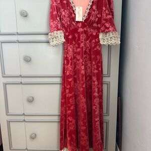 Elegant Red Velvet Dress with Lace Trim NWT